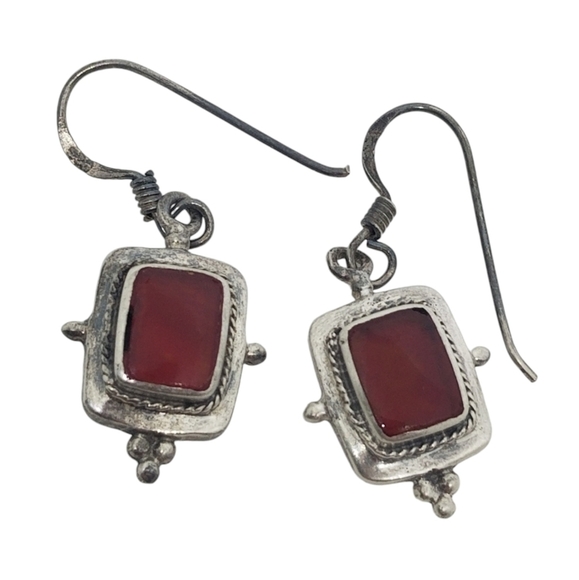 VINTAGE STERLING SILVER & GEMSTONE NATIVE AMERICAN DROP STYLE HOOK EARRINGS - Picture 1 of 5